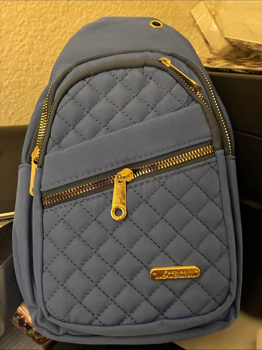 Quilted Blue Mini Backpack with Gold Hardware
